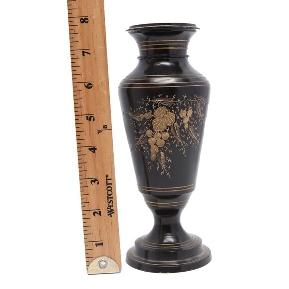 Vintage Brass Etched Aftaba Coffee Tea Pot and Vase Engraved Gold Black India - Picture 11 of 15